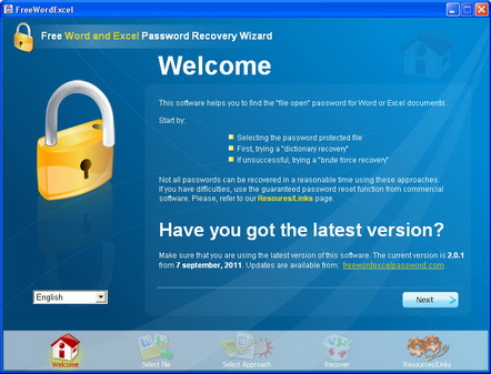 Free Word Excel password recovery. Welcome page.